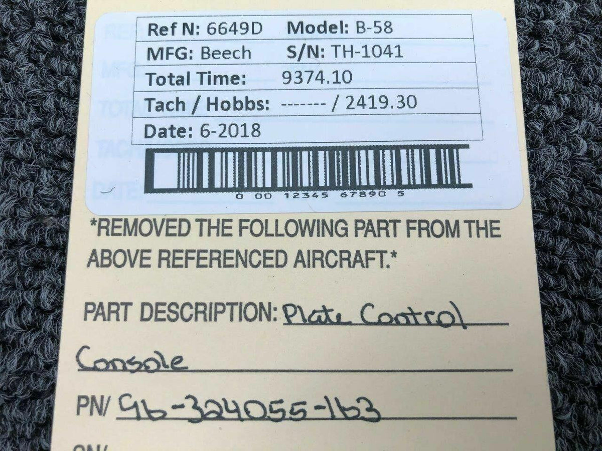 Beechcraft 96-324055-163 Beech B58 Plate Control Console