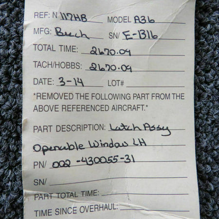 Beechcraft Beech A36 Latch Assy Window LH P/N 002-430055-31