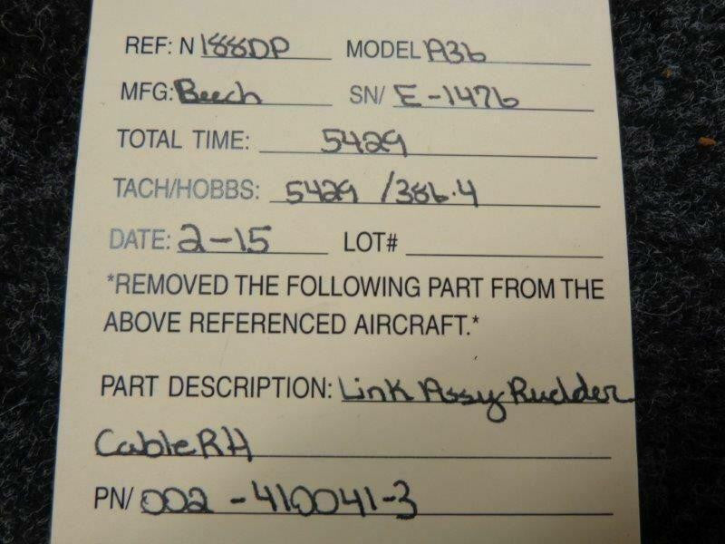 Beechcraft Beech A36 Link Assy Rudder Cable RHP/N 002-410041-3