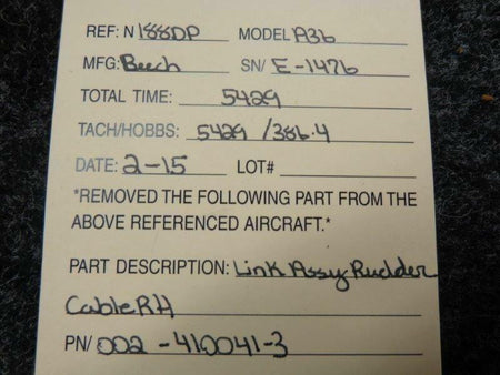 Beechcraft Beech A36 Link Assy Rudder Cable RHP/N 002-410041-3