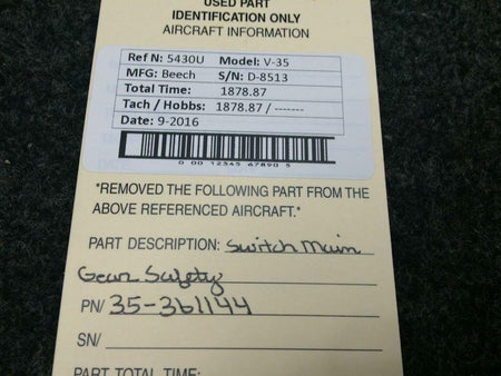 Beechcraft 35-361144 Beech V-35 Switch Main Gear Safety