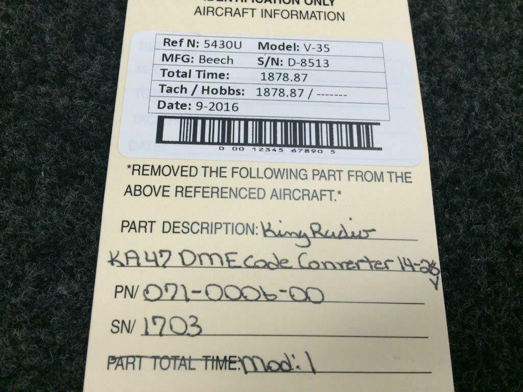 Beechcraft Beech V35 King Radio KA47 DME Code Converter Volts 14-28 P/N 071-0006-00
