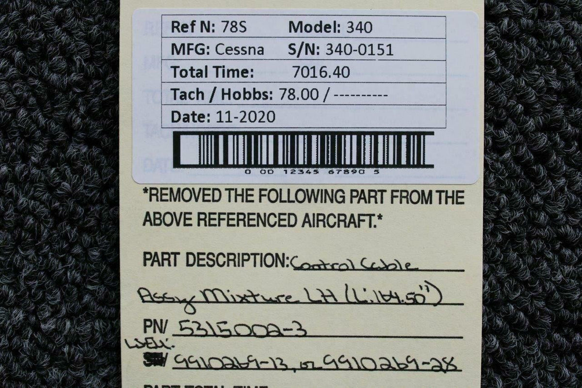 Cessna 5315002-3 WEU 9910269-28 Cessna 340 Control Cable Mixture L 164.50