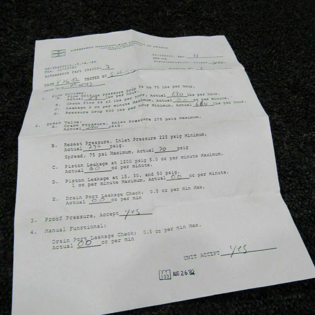 Does Not Apply 394300-3-1 Airesearch Flow Divider and Drain Valve W/ DATA SHEETS SA