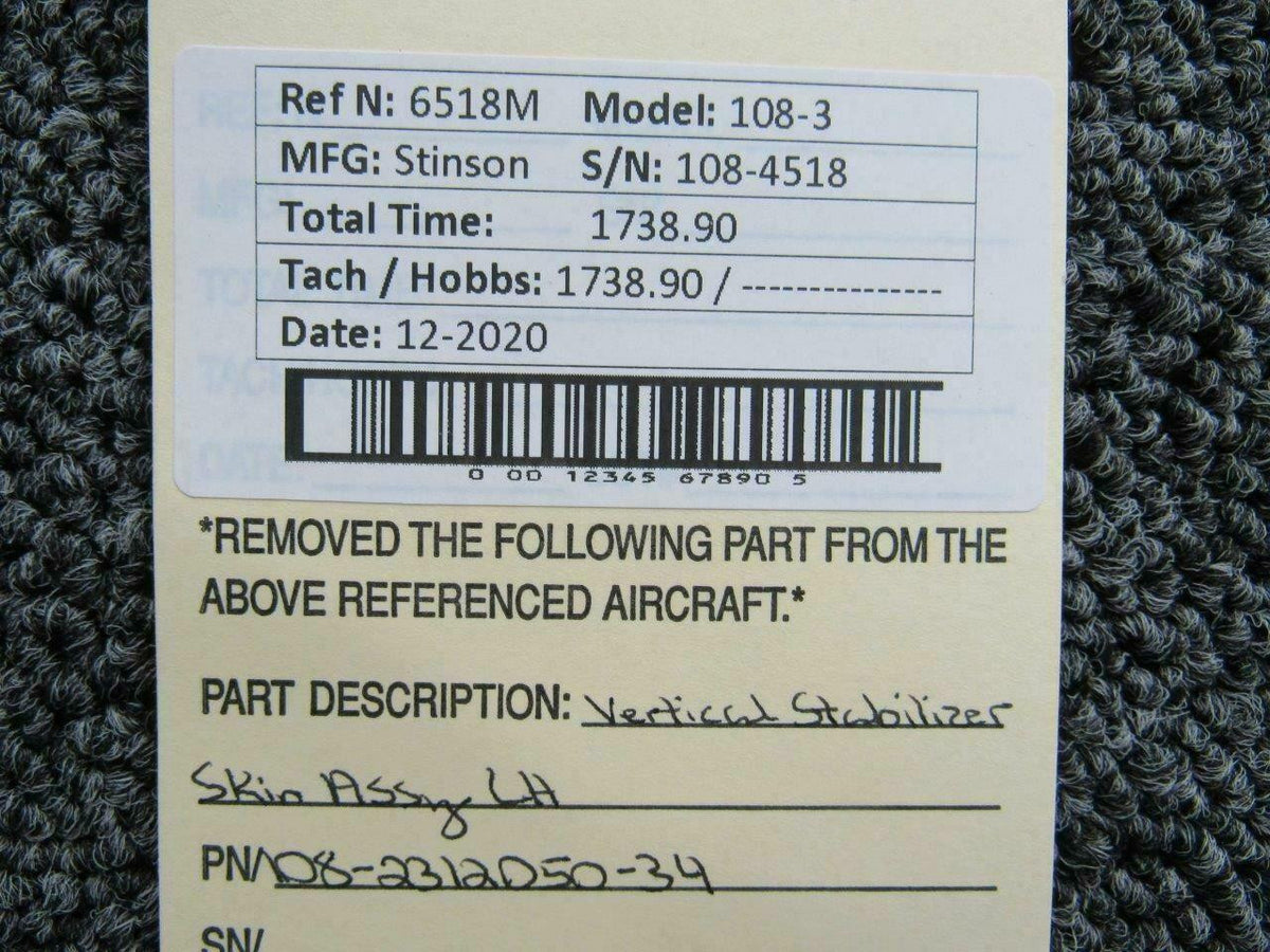 Stinson 108-2312050-34 Stinson 108-3 Vertical Stabilizer Skin Assy LH
