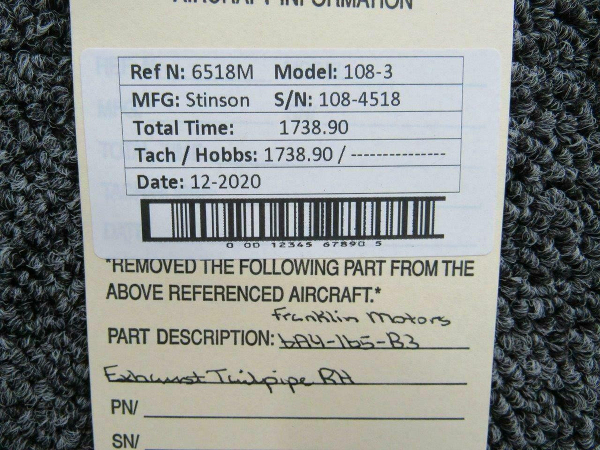 Stinson Stinson 108-3 Franklin Motors 6A4-65-B3 Exhaust Tailpipe End RH