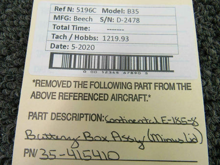 Beechcraft 35-415410 B35 Continental E-185-8 Battery Box Assy