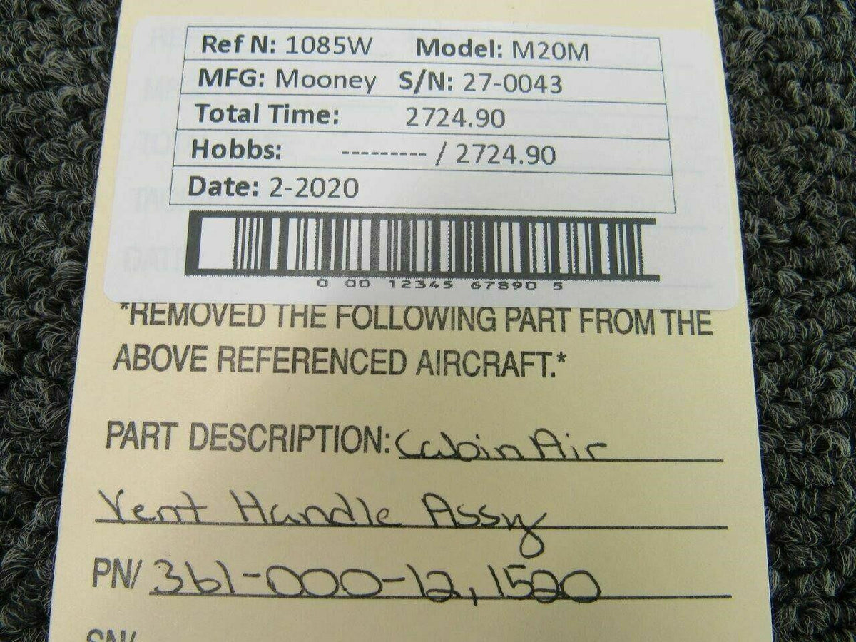 Mooney 361-000-12 / 1520 Mooney M20M Cabin Air Vent Handle Assy