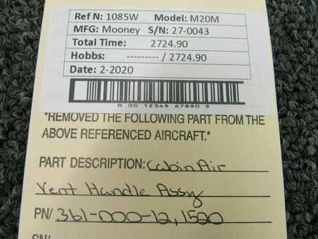 Mooney 361-000-12 / 1520 Mooney M20M Cabin Air Vent Handle Assy