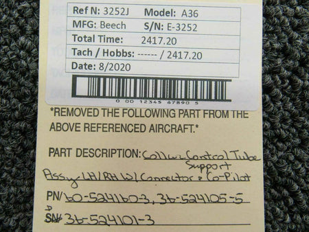Beechcraft 60-524160-3 Beech A36 Collar Control Tube Assy LH / RH W/ Connector and Support