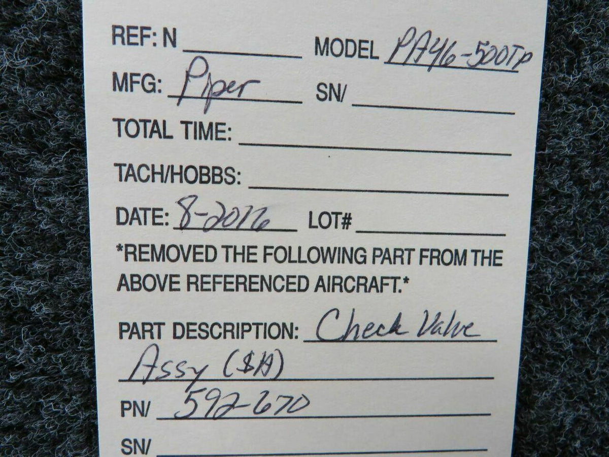 Piper 592-670 Piper PA46-500TP Check Valve SA