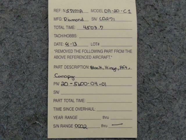 Diamond Diamond DA-20-C1 Canopy Block Hinge Assy AftP/N 20-5600-04-01