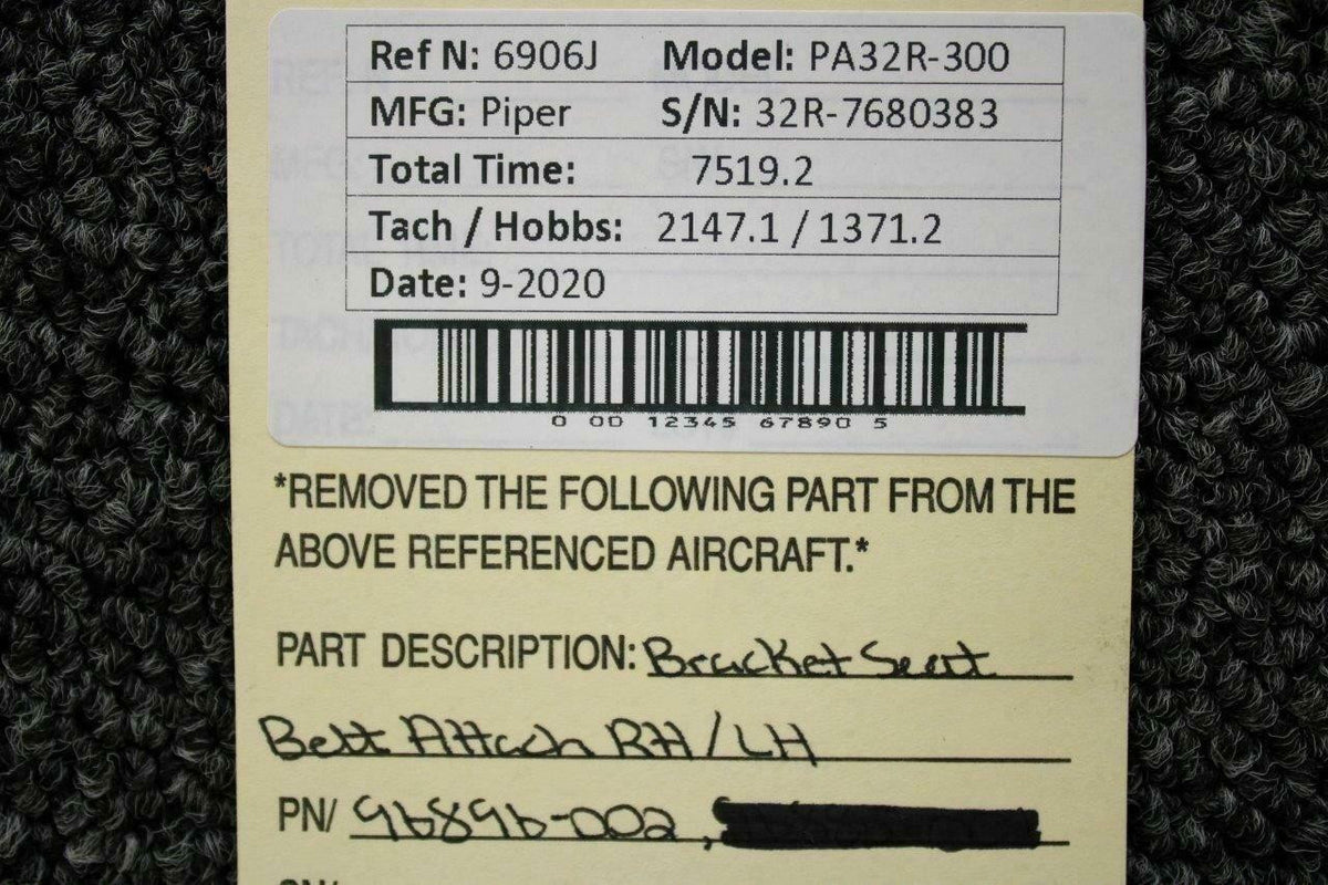 Piper 96896-002 Piper PA32R-300 Bracket Seat Belt Attach LH or RH