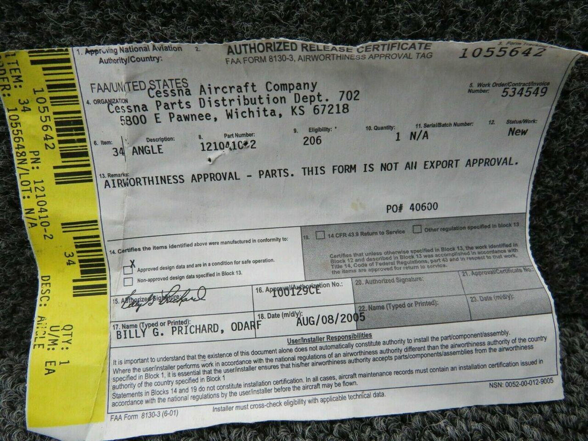 Cessna 1210410-2 Cessna Angle Attach RH W/ 8130-3 NEW OLD STOCK SA