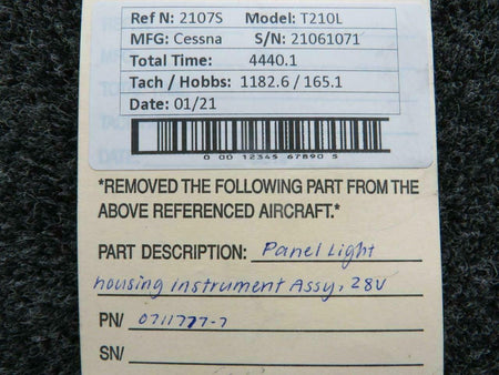 Cessna 0711777-7 Cessna T210L Panel Light Housing Instrument Assy Volts 28
