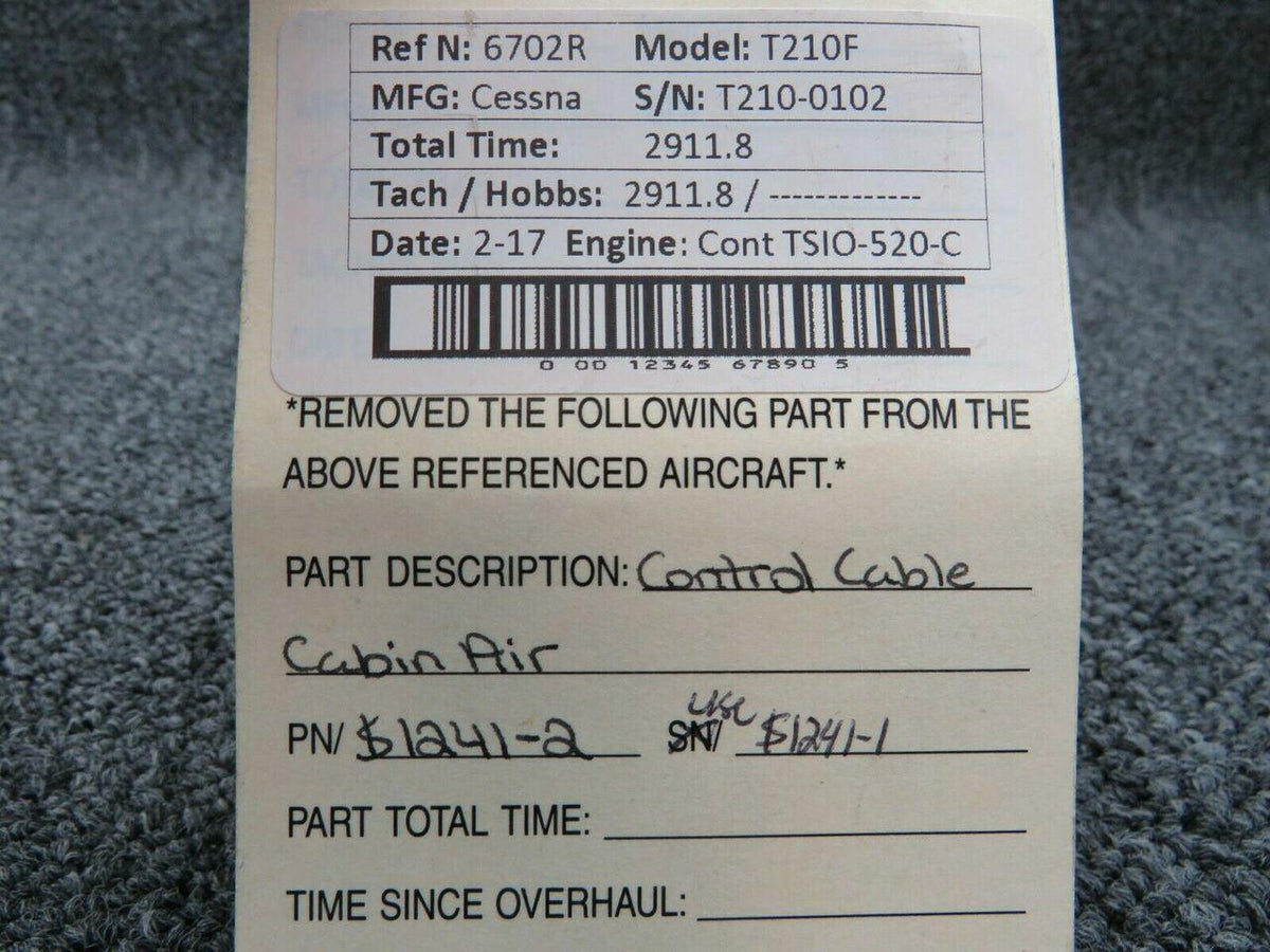 S1241-2 (USE: S1241-1) Cessna T210F Control Cable Cabin Air BAS Part Sales | Airplane Parts