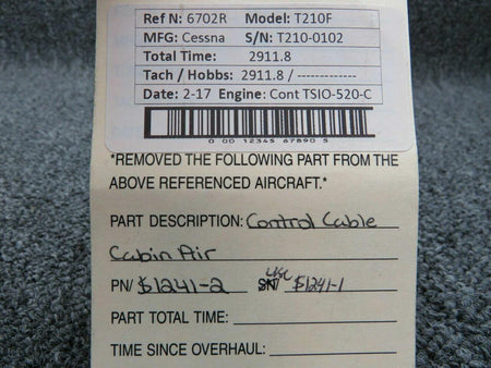 S1241-2 (USE: S1241-1) Cessna T210F Control Cable Cabin Air BAS Part Sales | Airplane Parts