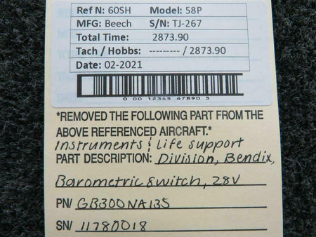 GB300NA135 Beech 58P Bendix Barometric Switch (Voltage: 28) BAS Part Sales | Airplane Parts