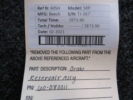 60-580011 Beechcraft 58P Brake Reservoir Assembly BAS Part Sales | Airplane Parts