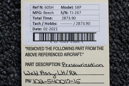 102-540017-15 Beech 58P Pressurization Weld Assembly LH / RH BAS Part Sales | Airplane Parts