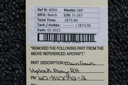 Beechcraft 60-810092-2 Beech 58P Main Gear Uplock Assembly RH