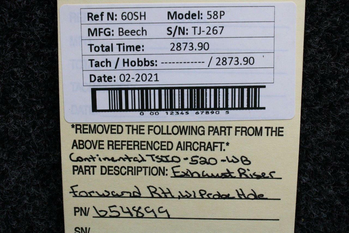 Beechcraft 654899 Beech 58P Continental TSIO-520-WB Exhaust Riser Forward RH Probe Hole