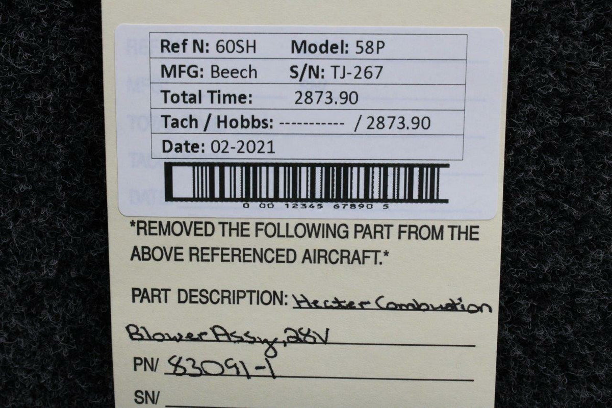 Beechcraft 83091-1 Beech 58P Heater Combustion Blower Assembly Volts 28