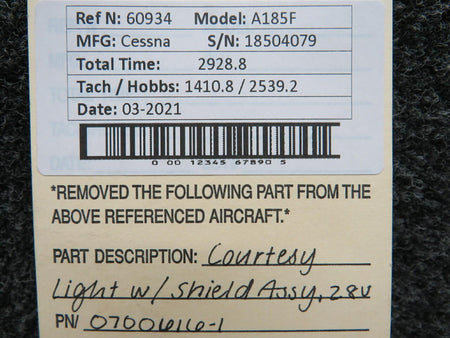 0700616-1 Cessna A185F Courtesy Light W/ Shield Assembly (28V) BAS Part Sales | Airplane Parts