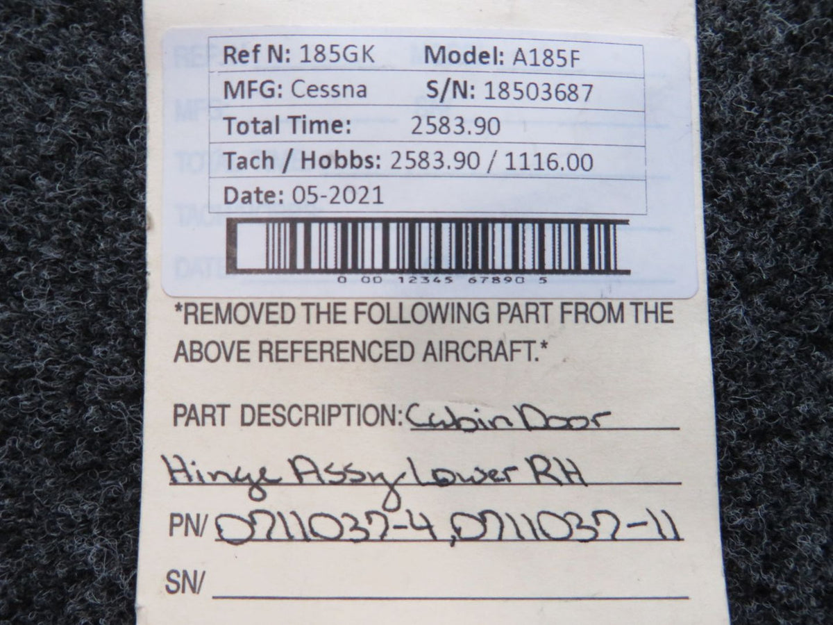 0711037-4 / 0711037-11 Cessna A185F Cabin Door Hinge Assembly Lower RH BAS Part Sales | Airplane Parts