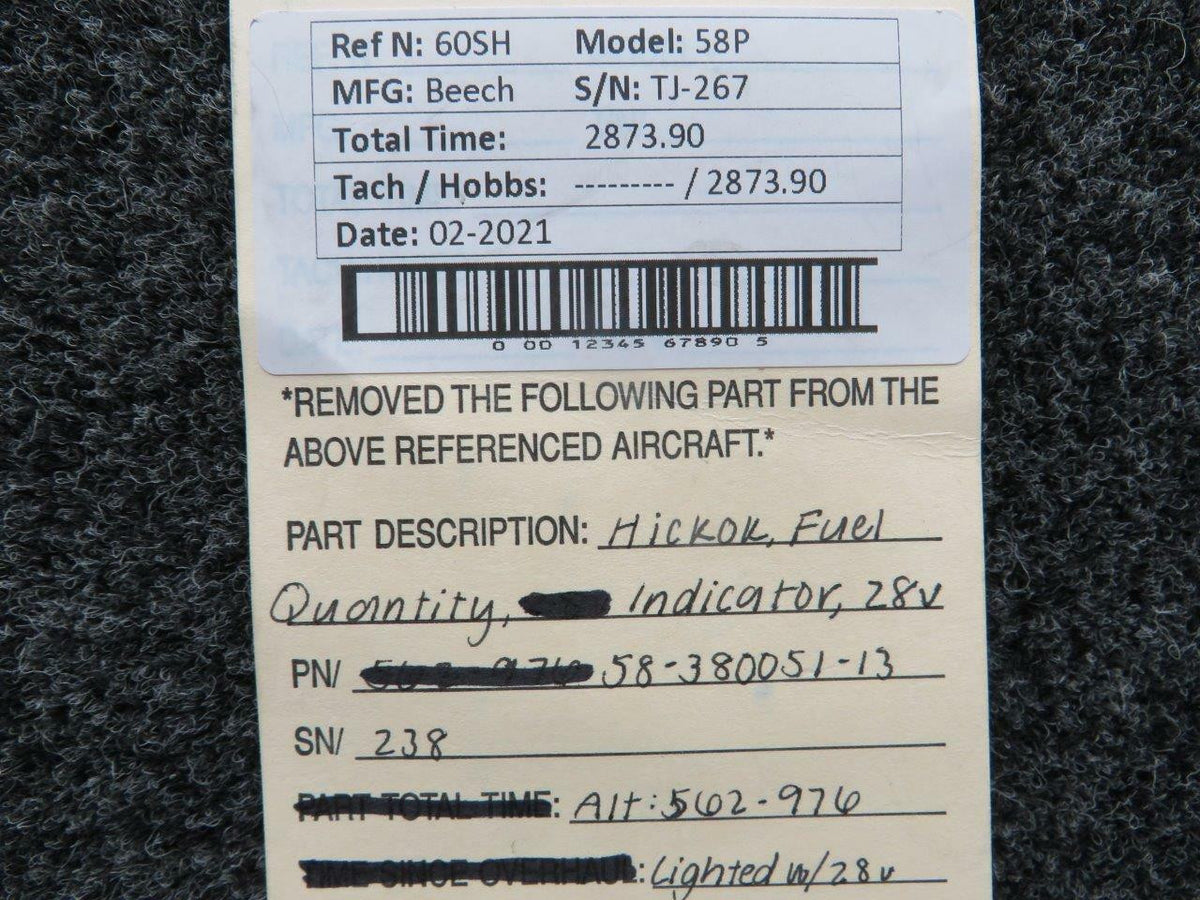 Hickok 58-380051-13 Use 58-380097-5 Beech 58P Hickok Fuel Quantity Indicator Lighted V 28
