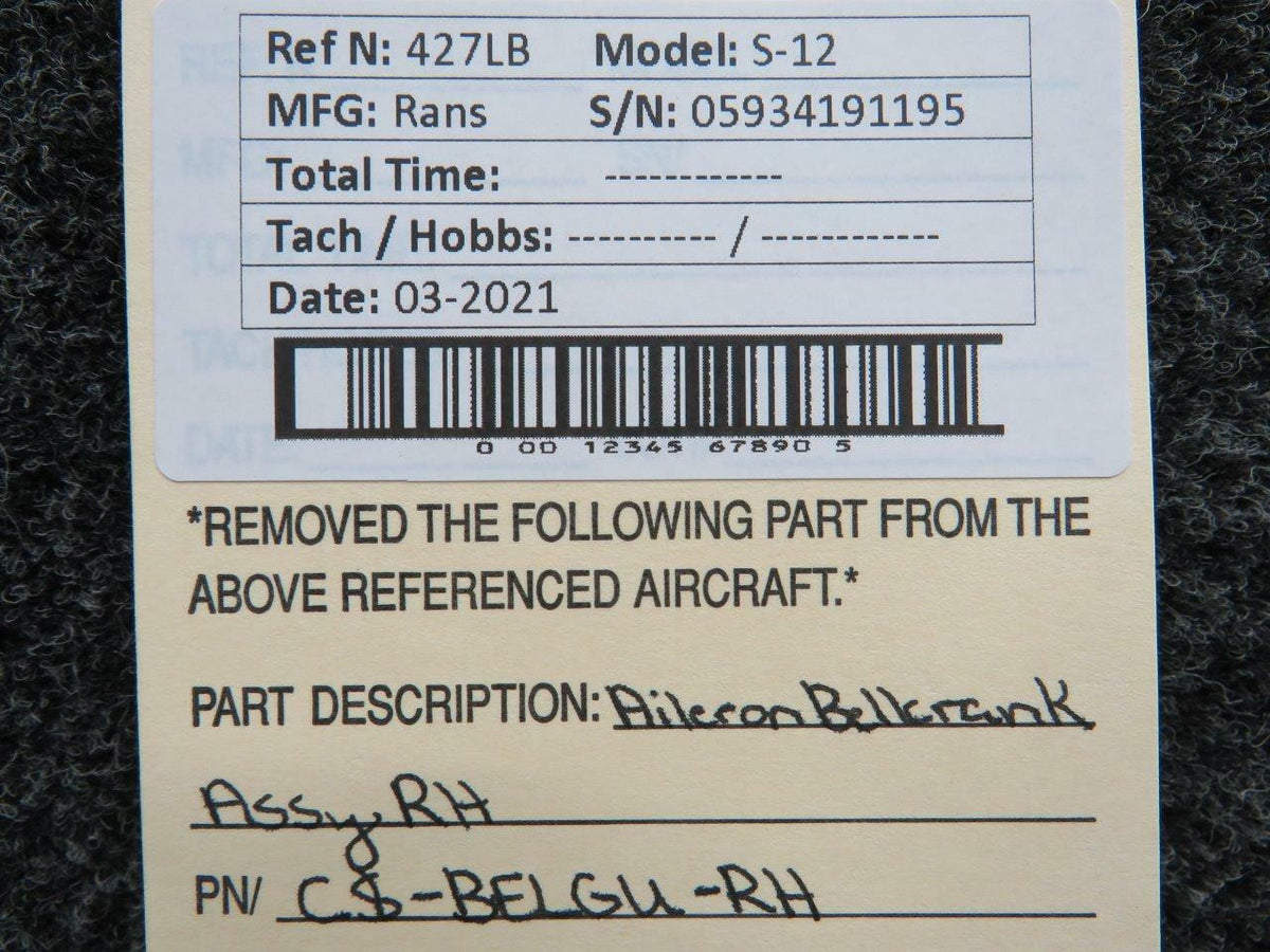 Rans CS-BELGU-RH Rans S-12 Aileron Bellcrank Assembly RH