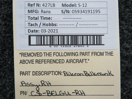 Rans CS-BELGU-RH Rans S-12 Aileron Bellcrank Assembly RH