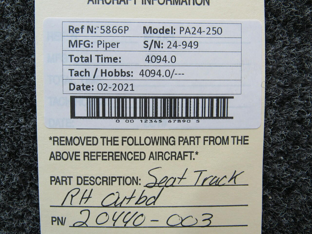 Piper 20440-003 Piper PA24-250 Seat Track Outbd RH