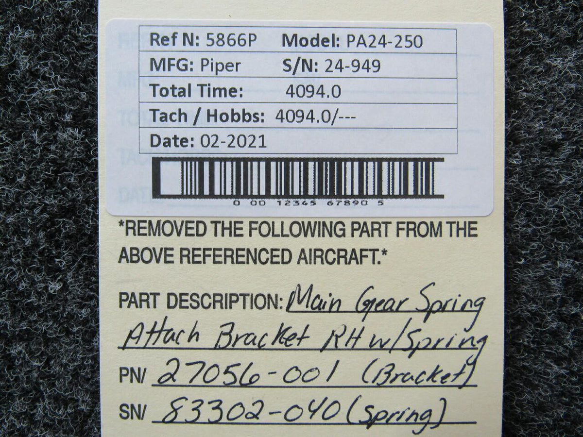 Piper 27056-001 Piper PA24-250 Main Gear Spring Attachment Bracket Assembly W/ Spring RH