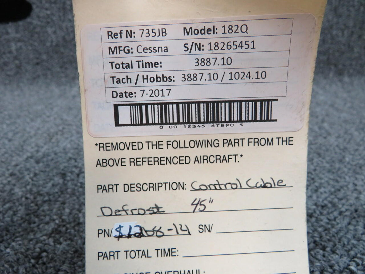 S1268-14 Cessna 182Q Control Cable Defrost (Length: 45") BAS Part Sales | Airplane Parts