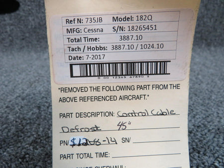 S1268-14 Cessna 182Q Control Cable Defrost (Length: 45") BAS Part Sales | Airplane Parts