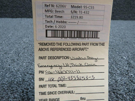 96-420011-11 (Use: 002-430053-3) Beech 95-C55 Window Assy Emergency LH (Clear) BAS Part Sales | Airplane Parts