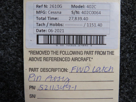 5211349-1 Cessna 402C Crew Door Latch Pin Forward BAS Part Sales | Airplane Parts