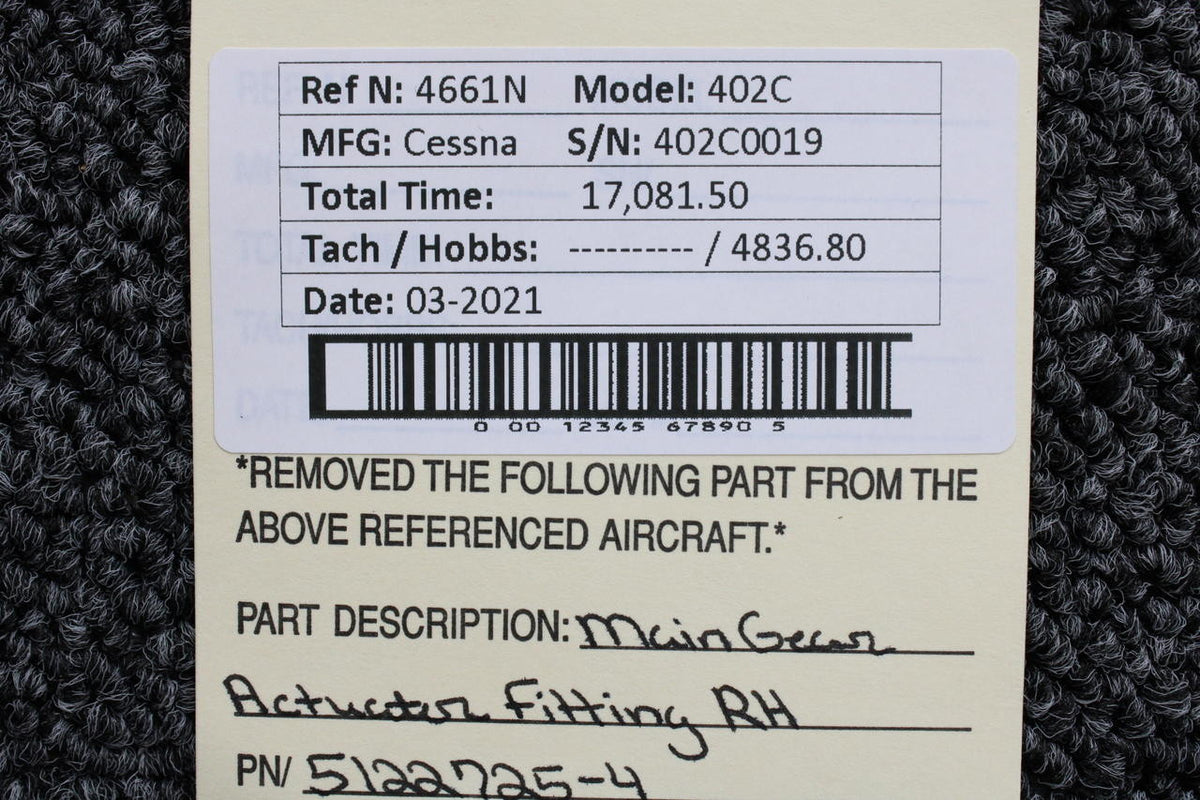 5122725-4 Cessna 402C Main Gear Actuator Fitting RH BAS Part Sales | Airplane Parts