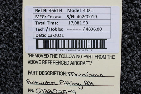 5122725-4 Cessna 402C Main Gear Actuator Fitting RH BAS Part Sales | Airplane Parts