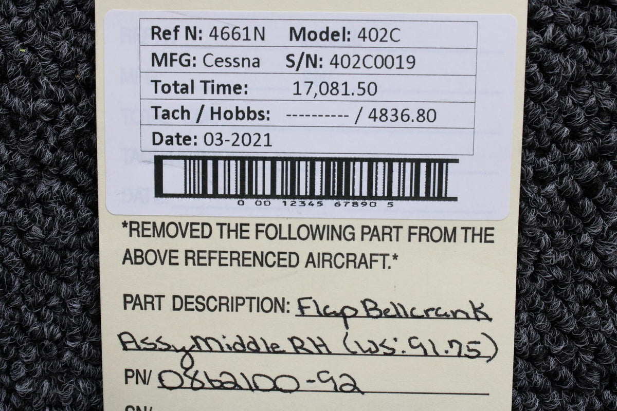 0862100-92 Cessna 402C Flap Bellcrank Assembly Middle RH (WS: 91.75) BAS Part Sales | Airplane Parts