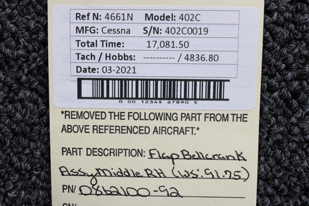 0862100-92 Cessna 402C Flap Bellcrank Assembly Middle RH (WS: 91.75) BAS Part Sales | Airplane Parts
