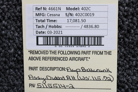 Cessna 5115514-2 Cessna 402C Flap Bellcrank Assembly Outbd RH WS 115.72