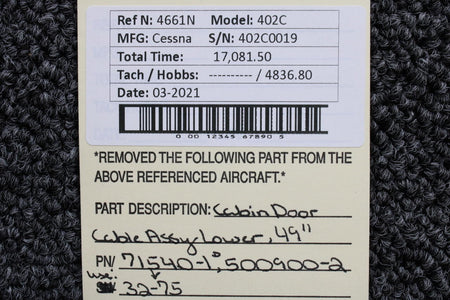 71540-1 (Use: 32-75) Cessna 402C Cabin Door Cable Assembly Lower (L: 49") BAS Part Sales | Airplane Parts