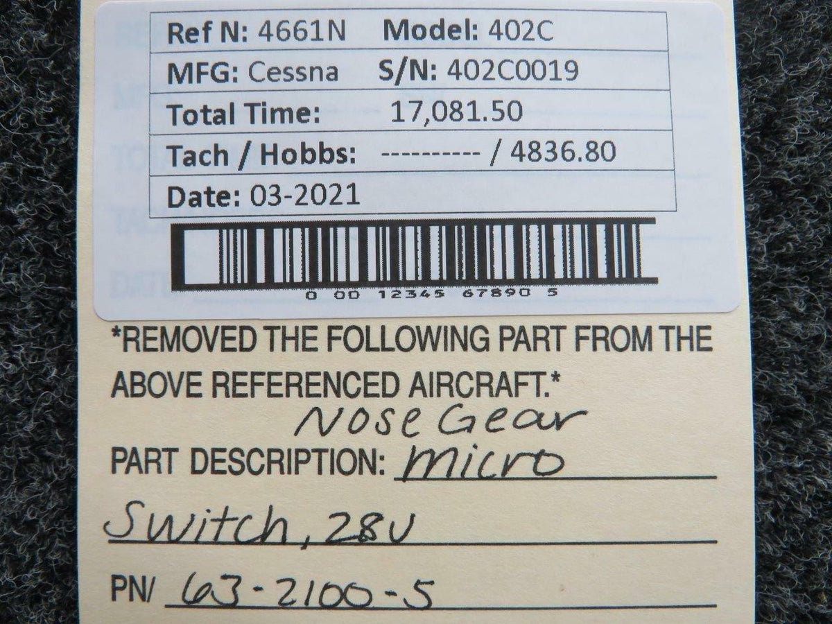 Cessna 63-2100-5 Cessna 402C Nose Gear Micro Switch Volts 28