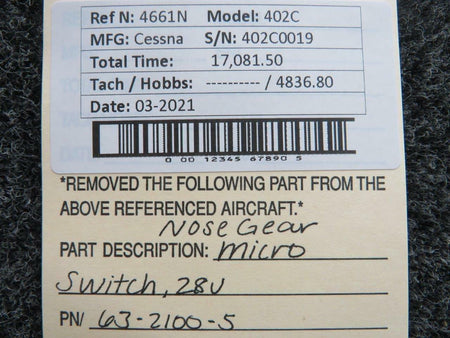 Cessna 63-2100-5 Cessna 402C Nose Gear Micro Switch Volts 28