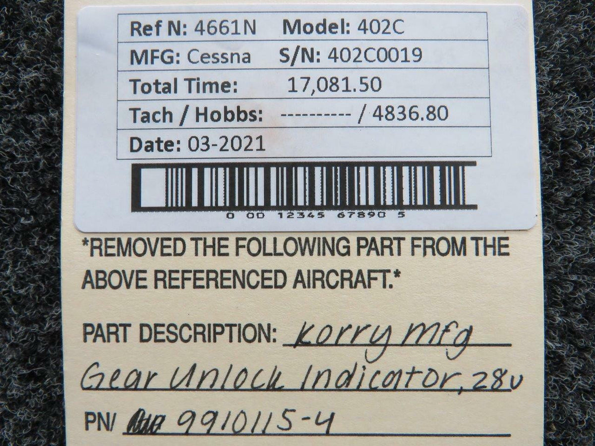 Cessna 9910115-4 Cessna 402C Gear Unlock Indicator Volts 28