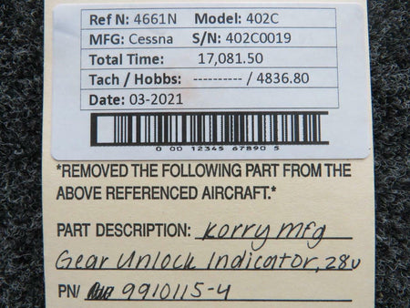 Cessna 9910115-4 Cessna 402C Gear Unlock Indicator Volts 28