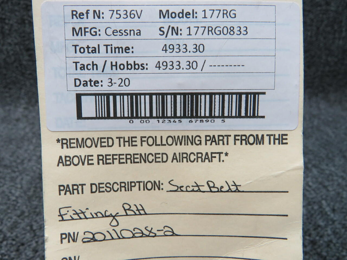 2011028-2 Cessna 172RG Seat Belt Fitting RH BAS Part Sales | Airplane Parts