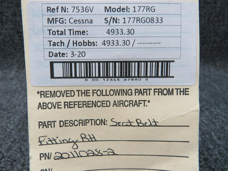 2011028-2 Cessna 172RG Seat Belt Fitting RH BAS Part Sales | Airplane Parts